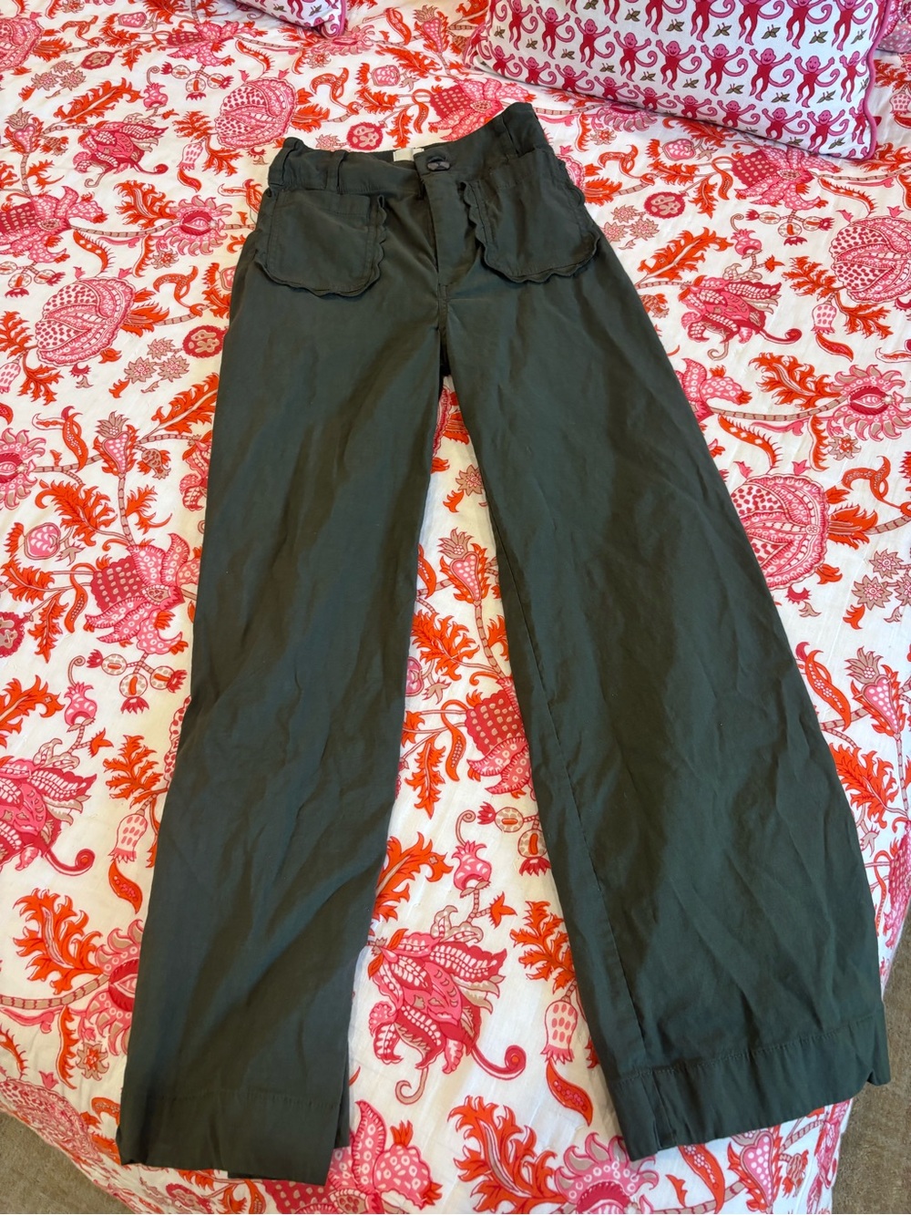 Maeve Olive Green Wide-Leg Chinos with Scalloped Patch Pockets